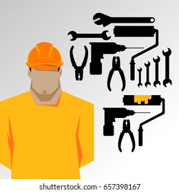 Repairs, Construction builder in yellow helmet working with different tools. Engineer. Worker. Flat design vector illustration.