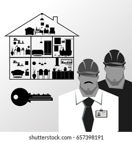 Repairs, Construction builder in yellow helmet working with different tools. Engineer. Worker. Flat design vector illustration.