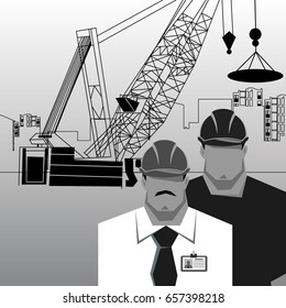 Repairs, Construction builder in yellow helmet working with different tools. Engineer. Worker. Flat design vector illustration.