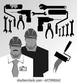 Repairs, Construction builder in yellow helmet working with different tools. Engineer. Worker. Flat design vector illustration.