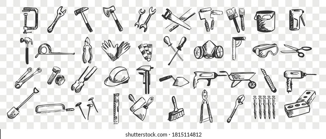 Repairs doodle set. Collection of hand drawn patterns sketches templates of working tools and instruments screwdriver drill spatula on transparent background. Maintenance equipment illustration.