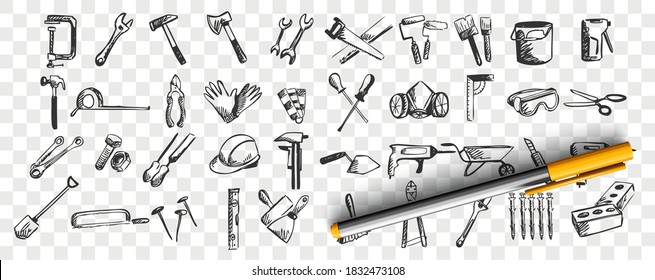 Repairs doodle set. Collection of hand drawn patterns sketches templates of working tools and instruments screwdriver drill spatula on transparent background. Maintenance equipment illustration.