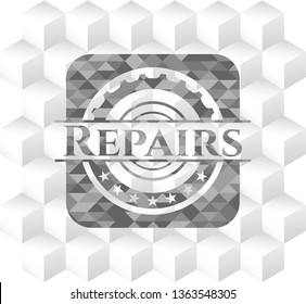 Repairs grey badge with geometric cube white background