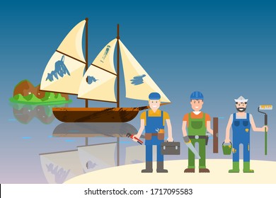 Repairs old ships in bottles, vector illustration. Team character builders in work clothes standing with tools near object with leaky sail. Boat on crystal clear water, cartoon reflection.