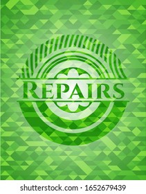 Repairs realistic green emblem. Mosaic background. Vector Illustration. Detailed.