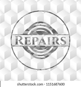 Repairs realistic grey emblem with cube white background