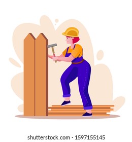 Repairs and renovation flat vector illustration. Woman cartoon character repairing fence. Isolated on white background