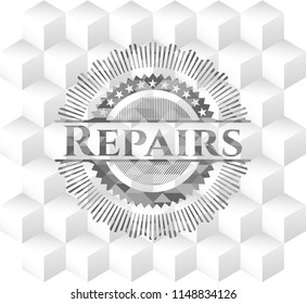 Repairs retro style grey emblem with geometric cube white background