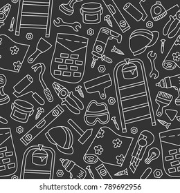 Repairs. Seamless pattern. Blackboard. Doodle and cartoon style. Vector