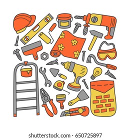 Repairs. Set of elements. Colorful. Doodle and cartoon style