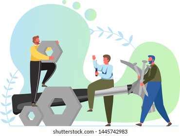 Repairs, vector flat illustration. Big hammer and nails and tiny characters workers using nails, screwdriver and screw nut. Carpenter, handyman services concept for web banner, website page etc.