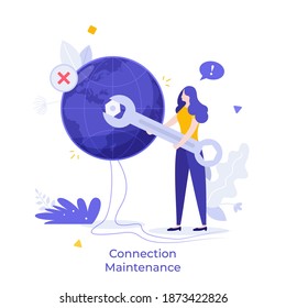 Repairwoman Tightening Nut On Globe Or Planet. Concept Of Wi-fi Connection Maintenance, Internet Blackout Or Outage, Service Provider, Online Access. Modern Flat Vector Illustration For Poster, Banner