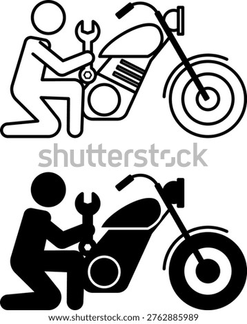 Reparation Icons. Line and Glyph Vector Icons. Mechanic Fixing a Broken Motorcycle. Wrench, Service, Auto Service. Repair Concept