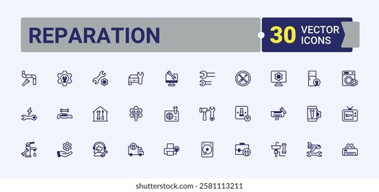 Reparation linear icon collection. Contains such icons as screwdriver, workshop, phone, assist, tech, technician, repair. Perfect for logos and infographics. Editable vector icon and illustration.