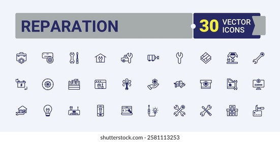 Reparation linear icon collection. Contains such icons as screwdriver, workshop, phone, assist, tech, technician, repair. Perfect for logos and infographics. Editable vector icon and illustration.