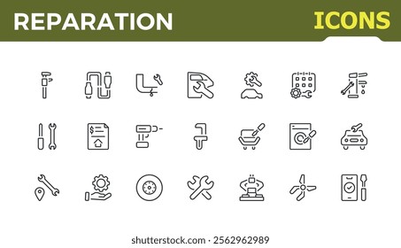 Reparation set of modern icons. Contains related to repair, screwdriver, support, element, assistance, automotive, shop and more. Minimal linear icons. 