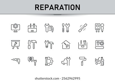 Reparation set of modern icons. Contains related to repair, screwdriver, support, element, assistance, automotive, shop and more. Minimal linear icons. 