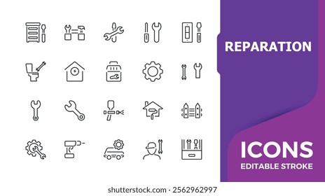 Reparation set of modern icons. Contains related to repair, screwdriver, support, element, assistance, automotive, shop and more. Minimal linear icons. 