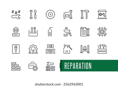 Reparation set of modern icons. Contains related to repair, screwdriver, support, element, assistance, automotive, shop and more. Minimal linear icons. 