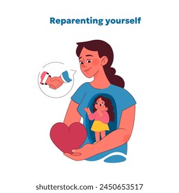 Reparenting concept. Nurturing embrace of self-love and acceptance, symbolized by heart and handshake with the inner child. Steps toward healing and self-compassion. Vector illustration