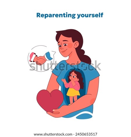 Reparenting concept. Nurturing embrace of self-love and acceptance, symbolized by heart and handshake with the inner child. Steps toward healing and self-compassion. Vector illustration