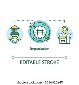 Repatriation concept icon. Return of cultural property to country of origin. Delivery of valuable goods around world idea thin line illustration. Vector isolated outline drawing. Editable stroke