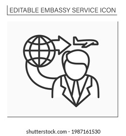 Repatriation nationals line icon. Returning person to place of origin or citizenship. Restoration civil rights. Embassy service concept. Isolated vector illustration. Editable stroke