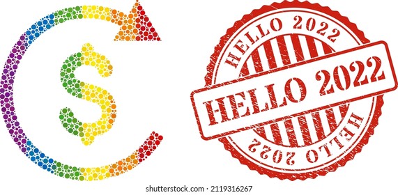 Repay composition icon of circle elements in various sizes and rainbow colored color hues. Red rounded grunge seal with Hello 2022 text. A dotted LGBT- colored repay for lesbians, gays, bisexuals,