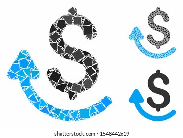 Repay composition of irregular items in various sizes and color tints, based on repay icon. Vector irregular parts are combined into composition. Repay icons collage with dotted pattern.