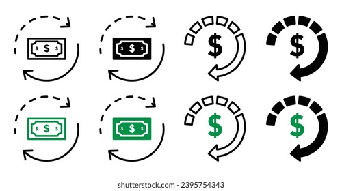 Repayment icon. revert or revise or refund transfer money or dollar fund to finance banking symbol set. convert or repay vector line logo. repayment of money to reverse transfer credit sign