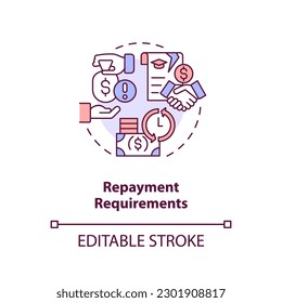 Repayment requirements concept icon. Tuition assistance. Pay back. Income tax. Tuition reimbursement. Student aid abstract idea thin line illustration. Isolated outline drawing. Editable stroke