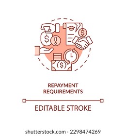 Repayment requirements red concept icon. Tuition assistance. Pay back. Income tax. Tuition reimbursement. Student aid abstract idea thin line illustration. Isolated outline drawing. Editable stroke