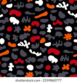 Repeat abstract background. Seamless pattern of random spots, dots by hand. Stain resistant fabric print of kid's jackets, outerwear. Edges of ornament are hidden under clipping mask. Easy to recolor.