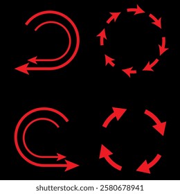 Repeat arrow button, refresh icon, circle arrow, rotation sign icon in red and black colors. 360 flat vector icon, web, mobile apps eps10