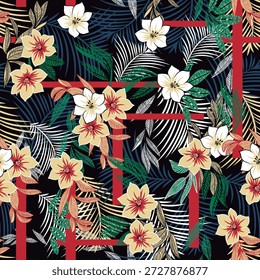 Repetir ilustraciones para superficies, con flores amarillas y blancas con hojas negras, blancas, azules y verdes, arte vectorizado, con un fondo a cuadros con líneas y rayas.