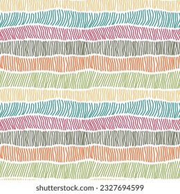 Repeat backdrop of casual multi-colored strokes forming wavy lines on white background. Cheerful hippie textured pattern.
