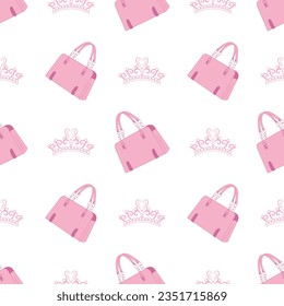 Repeat background Barbie style. Seamless pattern with pink handbag, crown Flat illustration