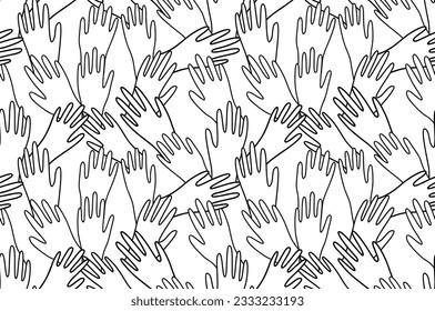 Repeat background of people's touching hands outlines; conceptual stencil repeat pattern of connection in society