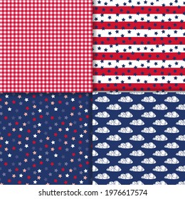 Repeat backgrounds for the 4th of July decoration in the colours of old glory American flag. Independence day seamless pattern set with stripes, stars, clouds and gingham designs. 
