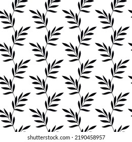 Repeat black leaves seamless pattern. Branches on white floral vector illustration. Wallpaper, background, fabric, textile, print, backdrop, wrapping paper or package design.
