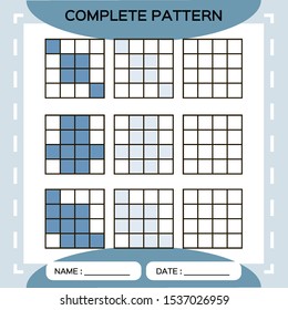 Repeat blue pattern. Cube grid with squares. Special for preschool kids. Worksheet for practicing fine motor skills. Improving skills tasks. Snap game. 4x4. Vector