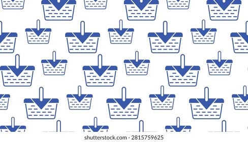 Repeat blue picnic basket icons creating a seamless summer pattern ideal for textiles and stationery