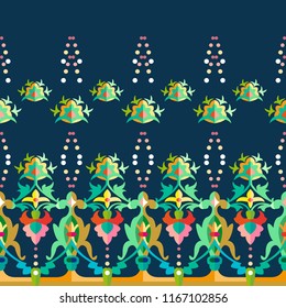 Repeat border with floral motifs. Geometric ornament with colorful elements on dark blue background.