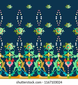 Repeat border with floral motifs. Geometric ornament with dotted elements on dark blue background.
