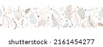 Repeat border ornament with doodle decorative leaves. Delicate decoration for wedding invitations in autumn themes. Seamless backdrop pattern with modern stylized leaf. Vector isolated illustration