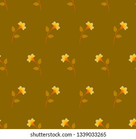 Repeat botanical pattern. Horizontal rows of flowers with stems and leaves. Orange, yellow, brown, mustard, amber, warm colors. Seamless geometric pattern. Vector illustration.