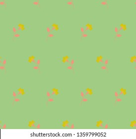 Repeat botanical pattern. Horizontal rows of flowers with stems and leaves. Yellow, soft coral pink, light pastel green colors. Vintage, retro palette. Seamless geometric pattern. Vector illustration.