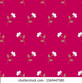 Repeat botanical pattern. Horizontal rows of flowers with stems and leaves. Bright ruby red, magenta, white, light beig brown colors. Seamless geometric pattern. Vector illustration.