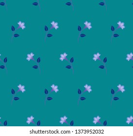 Repeat botanical pattern. Horizontal rows of flowers with stems and leaves. Marine blue, azure, pastel violet, purple colors. Vintage, retro palette. Seamless geometric pattern. Vector illustration.