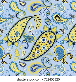 Repeat Bright Yellow Floral Paisley Allover Print Pattern / Blue background / Vector Illustration / Global Colors saved with Pattern Swatches